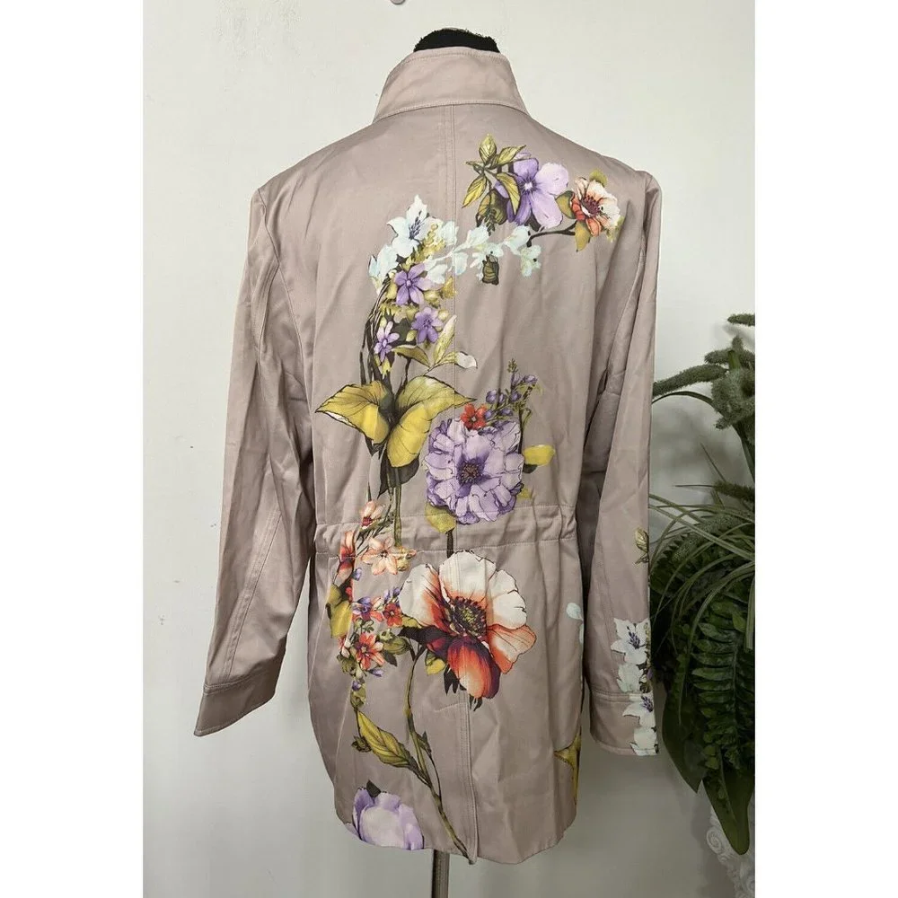 Chico's Satin Floral Buttercream Beige Zip Snap Front Utility Jacket‎ Sz 2/L